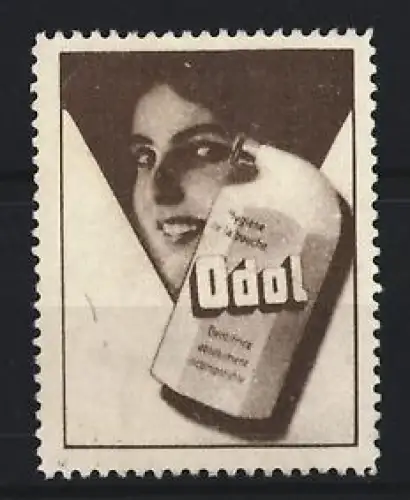 Reklamemarke Odol Mundwasser, Frau mit Flasche