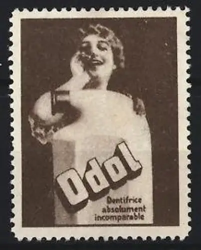Reklamemarke Odol Dentifrice, Frau mit Mundwasser-Flasche