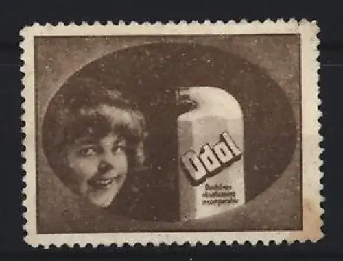 Reklamemarke Odol, Lächelnde Frau und Flasche