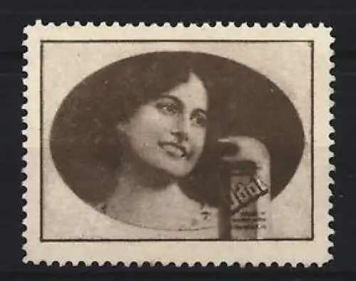 Reklamemarke Odol Mundwasser, Frau mit Flasche