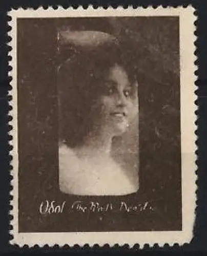 Reklamemarke Odol Mundwasser, Frauenporträt auf einer Flasche