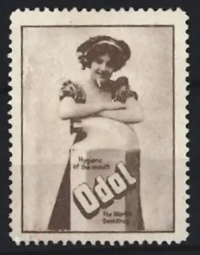 Reklamemarke Odol Mundhygiene, Frau mit Mundwasser-Flasche
