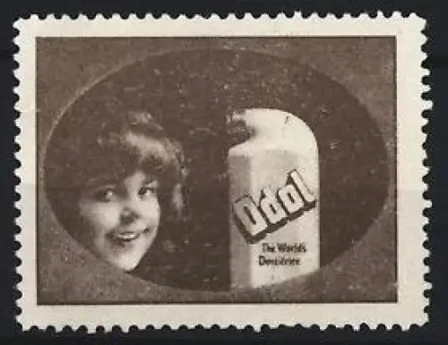 Reklamemarke Odol, Flasche und lächelndes Mädchen
