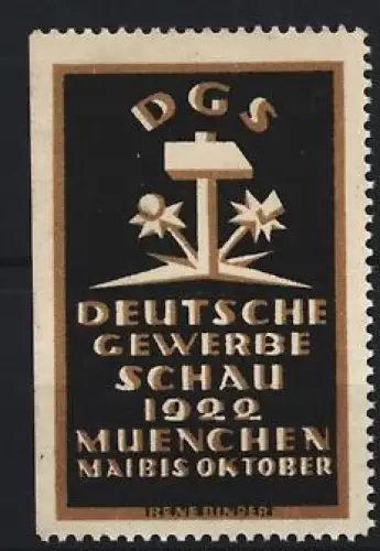 Künstler-Reklamemarke Rene Binder, München, Deutsche Gewerbeschau 1922, Hammer und Blumen