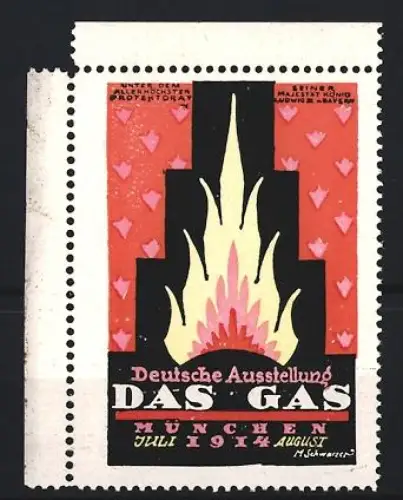 Reklamemarke München, Deutsche Ausstellung Das Gas 1914, Flamme, Orange