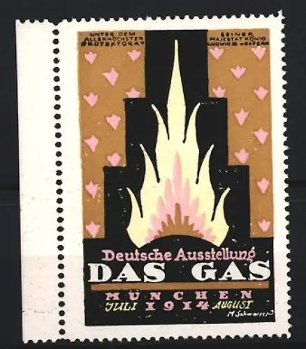 Reklamemarke München, Deutsche Ausstellung Das Gas 1914, Flamme, Braun