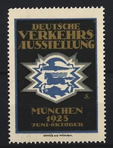 Reklamemarke München, Deutsche Verkehrsausstellung 1925, Pferd, Vogel und Fisch