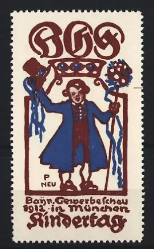 Künstler-Reklamemarke P. Neu, München, Bayer. Gewerbeschau 1912, Kindertag, Mann mit Blumenstrauss