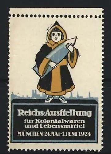 Reklamemarke München, Reichs-Ausstellung für Kolonialwaren und Lebensmittel 1924, Münchner Kindl mit Stadtansicht