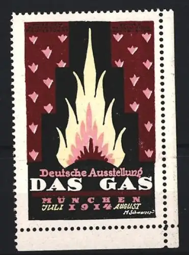 Reklamemarke München, Deutsche Ausstellung Das Gas 1914, Flamme vor rotem Hintergrund