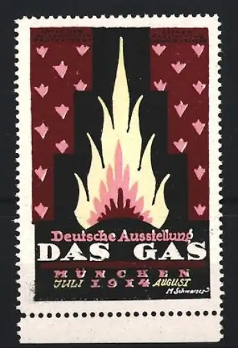 Reklamemarke München, Deutsche Ausstellung Das Gas 1914, Flamme vor rotem Hintergrund