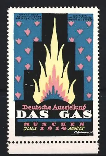 Reklamemarke München, Deutsche Ausstellung Das Gas 1914, Flamme, Blau