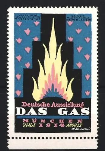 Reklamemarke München, Deutsche Ausstellung Das Gas 1914, Flamme vor blauem Hintergrund