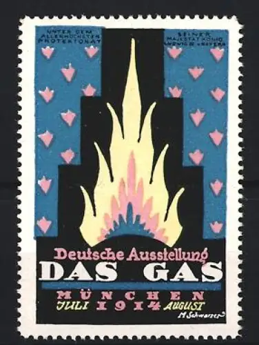 Reklamemarke München, Deutsche Ausstellung Das Gas 1914, Flamme, Blau