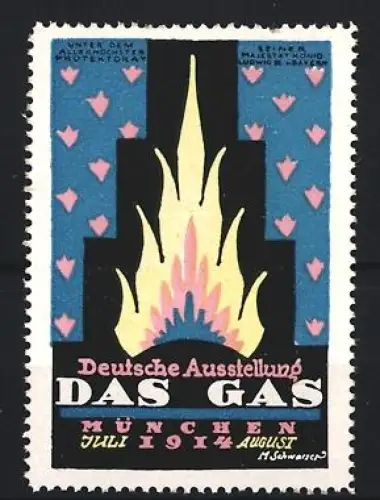 Reklamemarke München, Deutsche Ausstellung Das Gas 1914, Flamme vor blauem Hintergrund