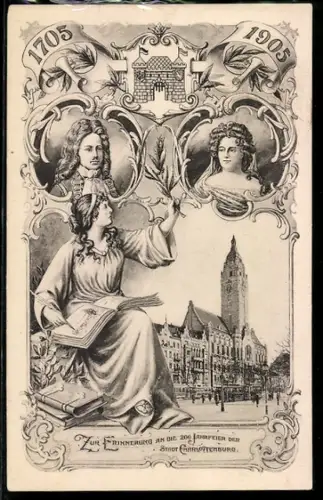 AK Berlin-Charlottenburg, Strassenbahn und Gebäudeansicht, Kaiserportraits, Wappen, Jubiläum 200 Jahre 1705-1905
