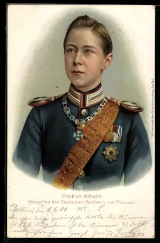 Lithographie Kronprinz Wilhelm von Preussen in jungen Jahren in Uniform
