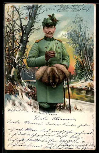 Lithographie Kaiser Wilhelm II. in jagdlicher Uniform