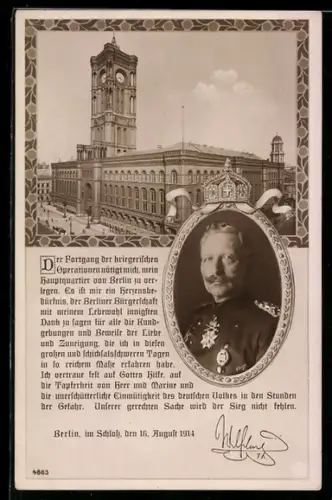 AK Berlin, Portrait Kaiser Wilhelm II. in Uniform, Ansicht vom Roten Rathaus