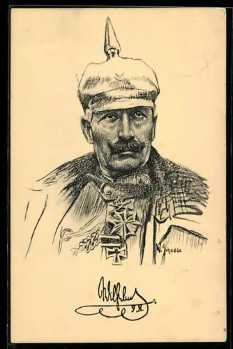 Künstler-AK Kaiser Wilhelm II. in Uniform mit Pickelhaube und Pour le Merite
