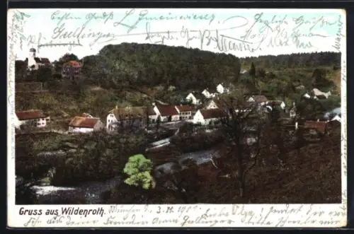 AK Wildenroth, Ortsansicht mit Kirche und Fluss