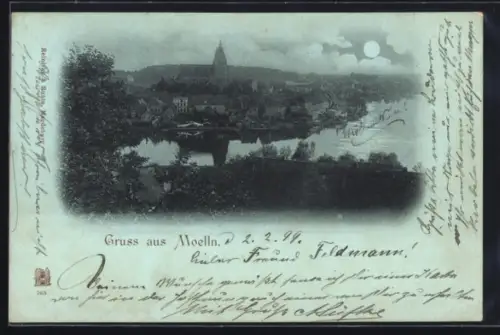 Mondschein-AK Mölln, Ortsansicht mit Kirche und See