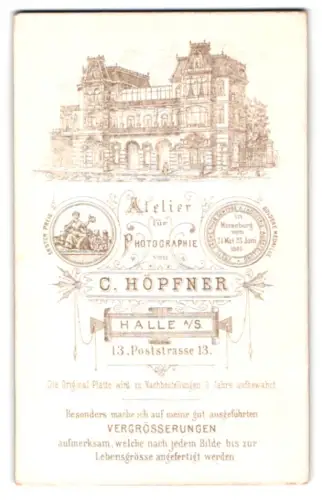 Fotografie C. Höpfner, Halle a. S.., Poststrasse 13, Prächtige Ansicht des Ateliers, Auszeichnung 1865
