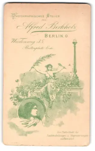 Fotografie Alfred Birkholz, Berlin, Weidenweg 35, Dame in fliessendem Gewand mit Palmenzweig und Spiegel