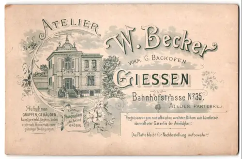 Fotografie W. Becker, Giessen, Ansicht Giessen, Bahnhofstrasse 35, Ateliergebäude in filigranem Rahmen mit Blumen