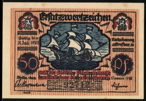 Notgeld Stettin 1922, 50 Pfennig, Segelschiff und Organist Karl Löwe mit Kirche