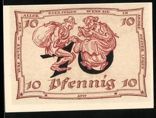 Notgeld Arnstadt 1921, 10 Pfennig, sitzende Figuren und Adler mit grossem Wertaufdruck