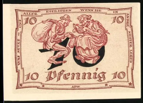 Notgeld Arnstadt 1921, 10 Pfennig, Paar mit Sack voller Eier und Adler