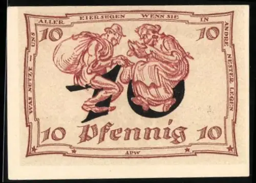 Notgeld Arnstadt 1921, 10 Pfennig, Szene mit zwei Personen und Adlerwappen