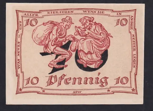 Notgeld Arnstadt 1921, 10 Pfennig, zwei gesprächige Figuren und grosse Wertziffer