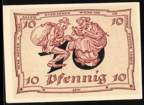 Notgeld Arnstadt 1921, 10 Pfennig, Mann und Frau mit Eierkorb und Adler-Motiv