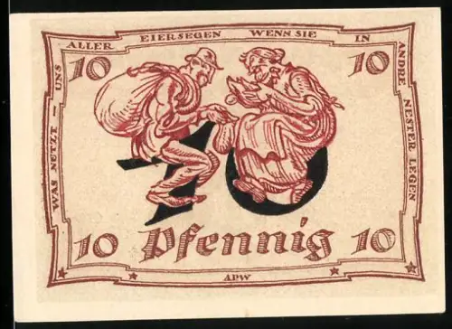 Notgeld Arnstadt 1921, 10 Pfennig, Mann und Frau im Gespräch, Adlermotiv
