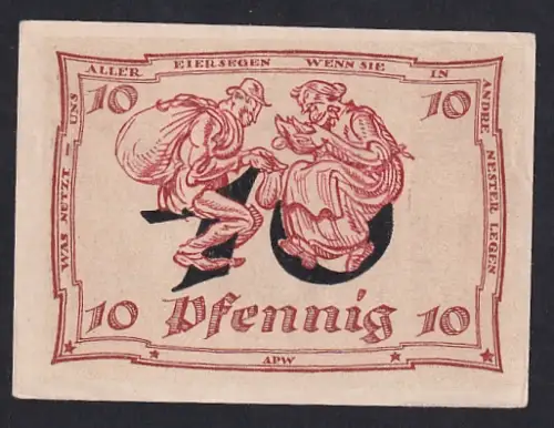 Notgeld Arnstadt 1921, 10 Pfennig, zwei Figuren mit Eiern, Adler