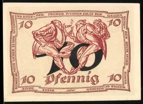 Notgeld Arnstadt 1921, 10 Pfennig, Männer mit Zigarre und Weinflasche und schwarzer Adler