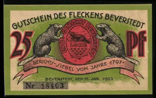 Notgeld Beverstedt 1922, 25 Pf., Gerichtssiegel mit Bibern und Landschaftsansicht mit Ort und Windmühle