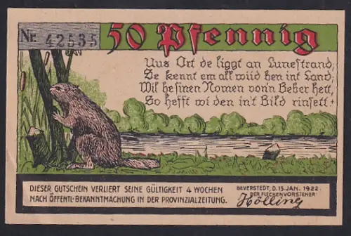 Notgeld Beverstedt 1922, 50 Pfennig, Biber am Flussufer und altes Kirchensiegel von Beverstedt