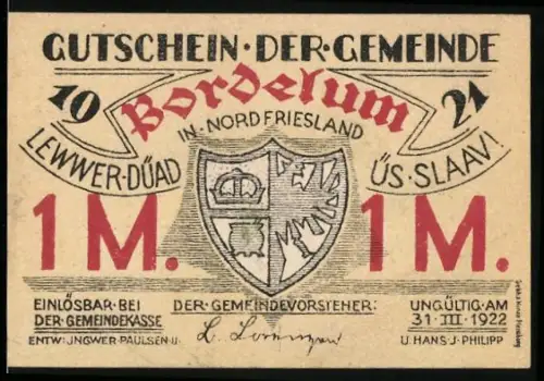 Notgeld Bordelum in Nordfriesland 1922, 1 Mark, Wappen und Windmühle mit Gebäuden
