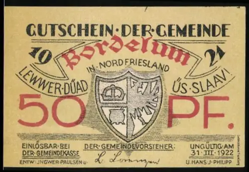 Notgeld Bordelum 1922, 50 Pf., Wappen und Wirtschaftsgebäude mit Blumenornamenten