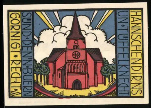 Notgeld Carlow i. M. 1921, 75 Pfennig, Kirche und zwei Männer mit Dudelsäcken vor Fachwerkhäusern