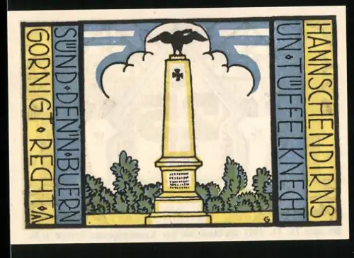 Notgeld Carlow i. M. 1921, 25 Pf., Männer vor Fachwerkhäusern und Kriegerdenkmal