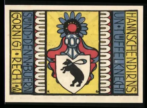 Notgeld Carlow i. M. 1921, 50 Pf., Bär im Wappen und zwei Musiker vor Häusern