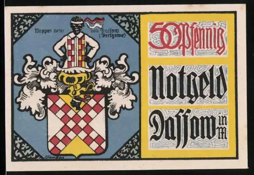 Notgeld Dassow i. M. 1922, 50 Pfennig, Wappen derer von Dassow und historische Gebäudeansicht