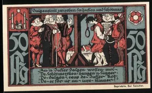 Notgeld Bad Salzuflen, 50 Pfennig, mittelalterliche Szene und Stadttor-Motiv