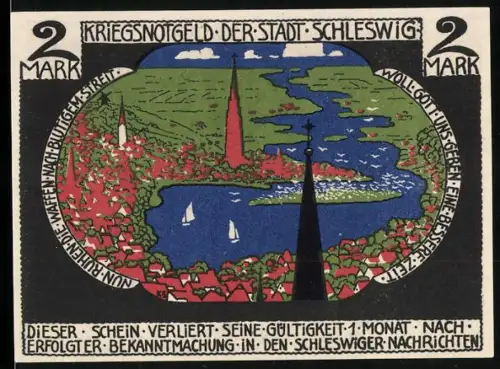 Notgeld Schleswig 1918, 2 Mark, Landschaft mit Segelbooten und Ortsansicht