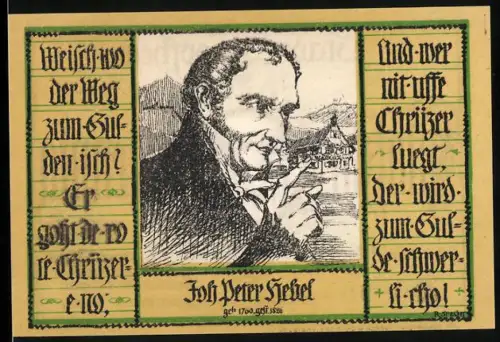 Notgeld Schopfheim 1921, 50 Pfennig, Johann Peter Hebel und traditionell gekleidete Frau mit Haube