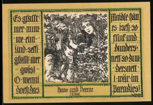 Notgeld Schopfheim 1921, 50 Pfennig, Hans und Verene-Motiv nach J. P. Hebel und Frauenportrait